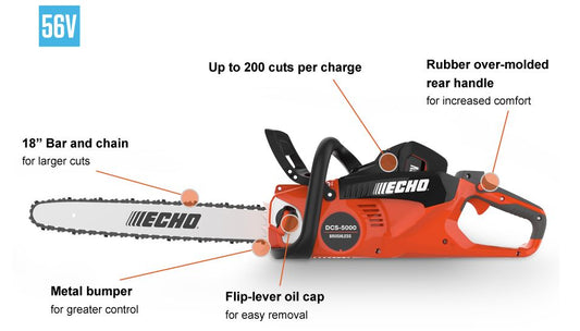 ECHO 56V BATTERY CHAINSAW, 18" BAR - DCS-5000-18CS